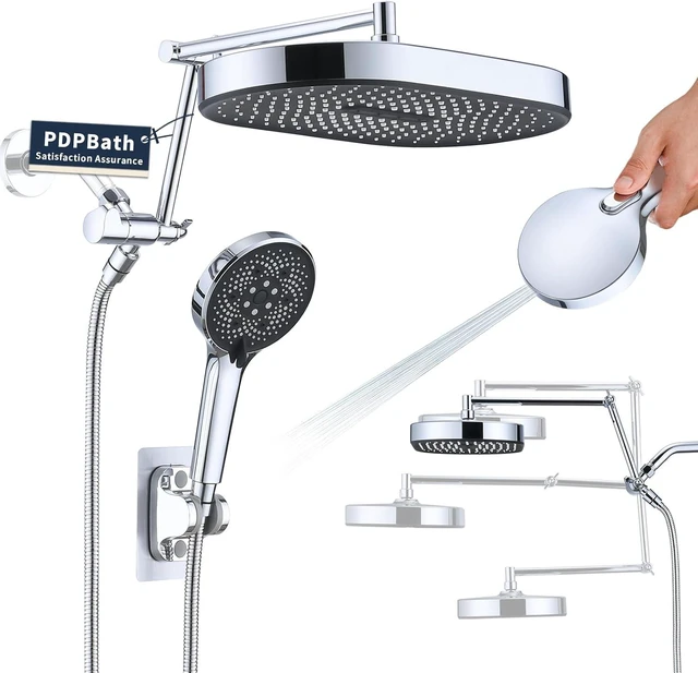 Main image of PDPBath 14 Inch Rain Shower Head with 5+1 Settings Handheld Spray Combo, High Pressure Rainfall Shower Head with 16'' Upgrade Adjustable Extension Arm, 79" Extra Long Hose, 3-Way Diverter, Chrome