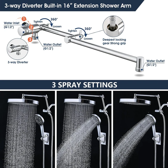 Alt view image 5 of 7 - PDPBath 14 Inch Rain Shower Head with 5+1 Settings Handheld Spray Combo, High Pressure Rainfall Shower Head with 16'' Upgrade Adjustable Extension Arm, 79" Extra Long Hose, 3-Way Diverter, Chrome