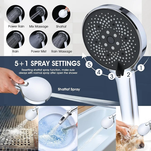 Alt view image 3 of 7 - PDPBath 14 Inch Rain Shower Head with 5+1 Settings Handheld Spray Combo, High Pressure Rainfall Shower Head with 16'' Upgrade Adjustable Extension Arm, 79" Extra Long Hose, 3-Way Diverter, Chrome