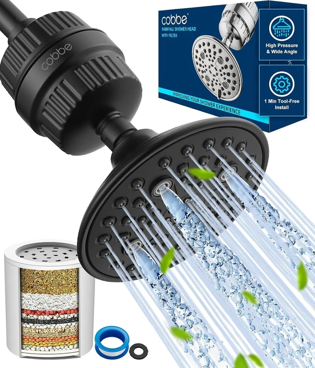 Main image of Cobbe 6-Setting High Pressure Filtered Shower Head Combo, Detachable Rain Shower Head with 20 Stage Shower Head Filter for Hard Water - Remove Chlorine and Harmful Substances, Black