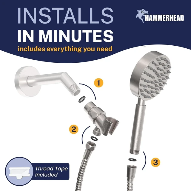 Alt view image 5 of 7 - HammerHead Metal Handheld Shower Head High Pressure, 6ft Long Shower Hose