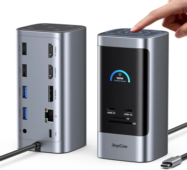 Main image of RayCue 15 in 1 Laptop Docking Station 3 Monitors, Triple 8K Display with 3 HDMI, 6 USB Ports, 5 Shortcut Button, Gigabit Ethernet, PD3.0, Smart Display for Windows/Dell/Lenovo/HP...(No Power Adapter)