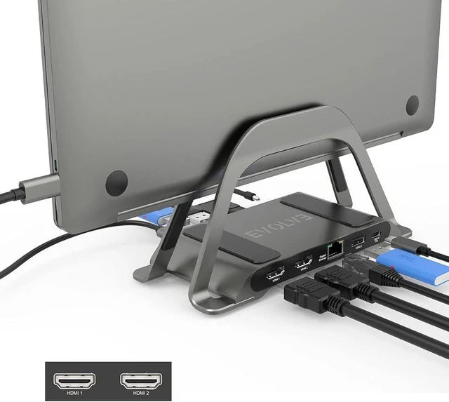Main image of Evolve USB Docking Station w/Laptop Stand 4K Dual Monitor Display w/2 HDMI Ports, MacBook Pro & Air, Portable Screen Connection 100mbps Ethernet, USB 3.0, Aux, TF & SD Card Slots, Space Grey