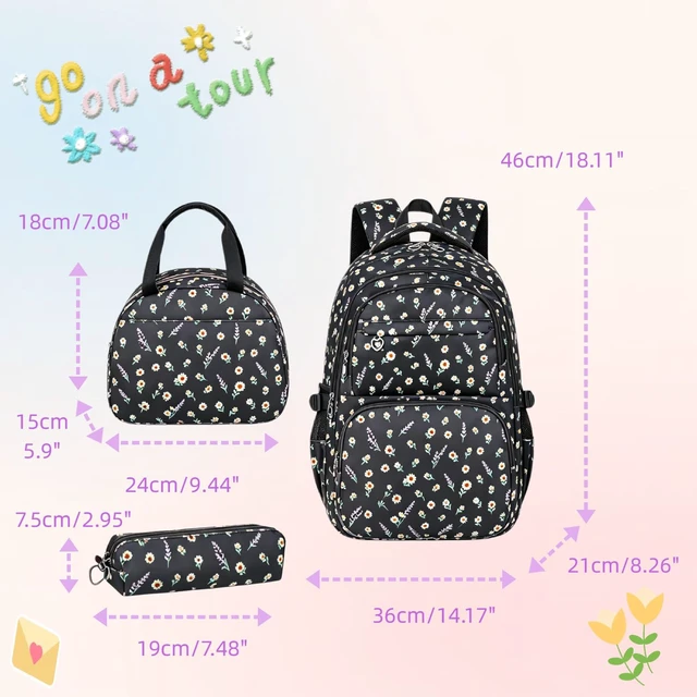 Alt view image 2 of 7 - Black 3Pcs Flower Backpack Set for Girls with Lunch Box | Floral School Bag for Elementary Middle School Sunflower Kids Bookbag