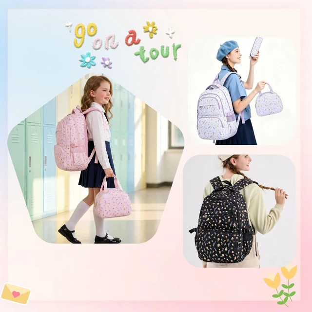 Alt view image 3 of 7 - Black 3Pcs Flower Backpack Set for Girls with Lunch Box | Floral School Bag for Elementary Middle School Sunflower Kids Bookbag