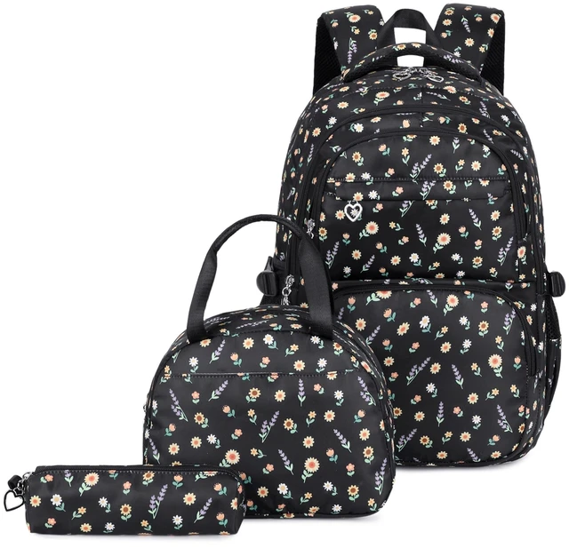 Main image of Black 3Pcs Flower Backpack Set for Girls with Lunch Box | Floral School Bag for Elementary Middle School Sunflower Kids Bookbag