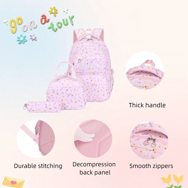 Alt view image 5 of 7 - Black 3Pcs Flower Backpack Set for Girls with Lunch Box | Floral School Bag for Elementary Middle School Sunflower Kids Bookbag