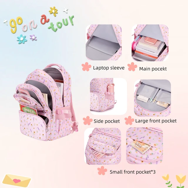 Alt view image 6 of 7 - Black 3Pcs Flower Backpack Set for Girls with Lunch Box | Floral School Bag for Elementary Middle School Sunflower Kids Bookbag