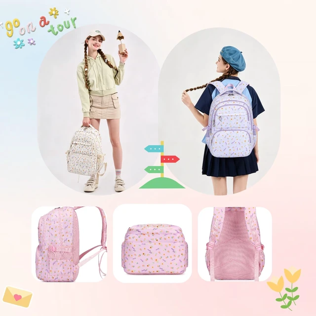 Alt view image 7 of 7 - Black 3Pcs Flower Backpack Set for Girls with Lunch Box | Floral School Bag for Elementary Middle School Sunflower Kids Bookbag
