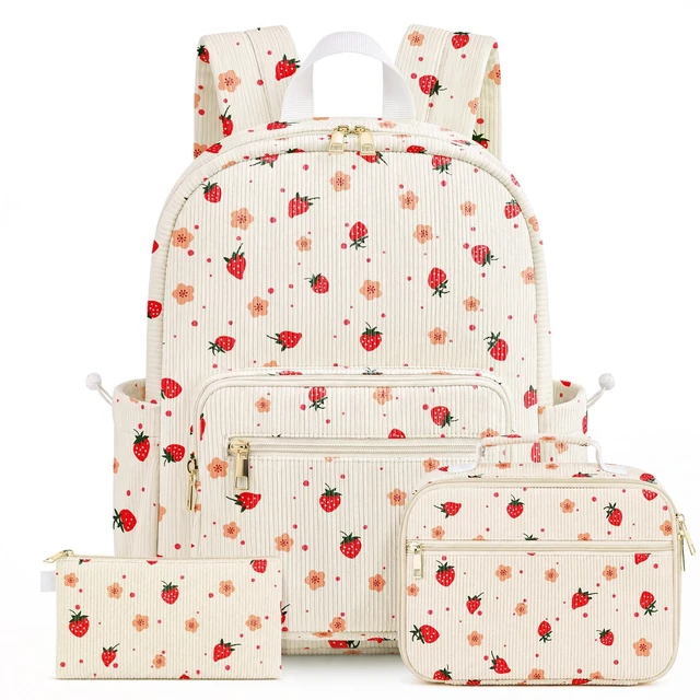 Main image of Girls Backpack SetCute School Backpack for Teens Girls Kids Bookbags for Elementary High School Women Laptop Bags Daypacks Set With Lunch Bag and Pencil Case (Beige Strawberry, 3 Set)