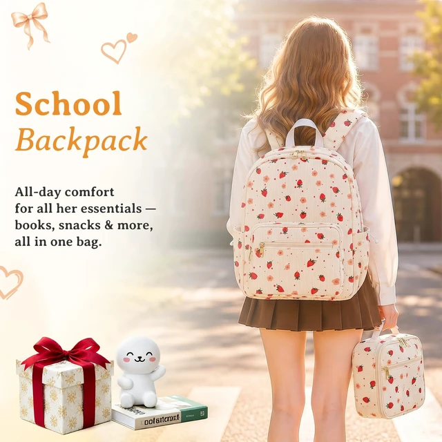 Alt view image 2 of 7 - Girls Backpack SetCute School Backpack for Teens Girls Kids Bookbags for Elementary High School Women Laptop Bags Daypacks Set With Lunch Bag and Pencil Case (Beige Strawberry, 3 Set)