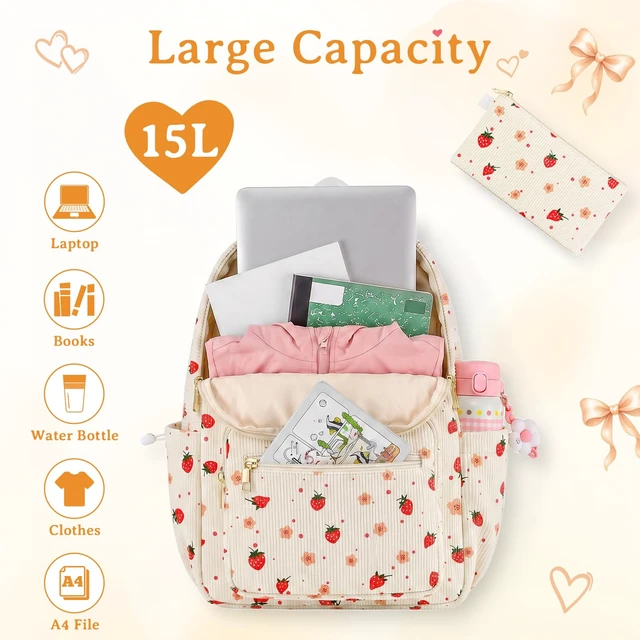 Alt view image 3 of 7 - Girls Backpack SetCute School Backpack for Teens Girls Kids Bookbags for Elementary High School Women Laptop Bags Daypacks Set With Lunch Bag and Pencil Case (Beige Strawberry, 3 Set)