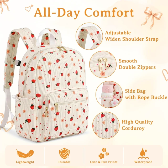 Alt view image 4 of 7 - Girls Backpack SetCute School Backpack for Teens Girls Kids Bookbags for Elementary High School Women Laptop Bags Daypacks Set With Lunch Bag and Pencil Case (Beige Strawberry, 3 Set)