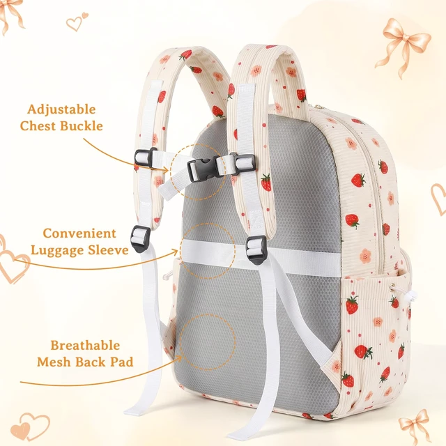 Alt view image 5 of 7 - Girls Backpack SetCute School Backpack for Teens Girls Kids Bookbags for Elementary High School Women Laptop Bags Daypacks Set With Lunch Bag and Pencil Case (Beige Strawberry, 3 Set)