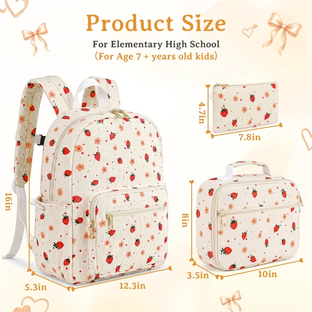 Alt view image 6 of 7 - Girls Backpack SetCute School Backpack for Teens Girls Kids Bookbags for Elementary High School Women Laptop Bags Daypacks Set With Lunch Bag and Pencil Case (Beige Strawberry, 3 Set)