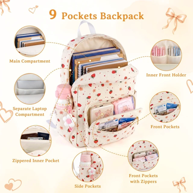 Alt view image 7 of 7 - Girls Backpack SetCute School Backpack for Teens Girls Kids Bookbags for Elementary High School Women Laptop Bags Daypacks Set With Lunch Bag and Pencil Case (Beige Strawberry, 3 Set)
