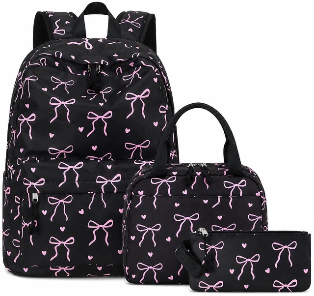 Main image of Backpack for Teen Girls Bookbags School Backpack with Lunch Box and Pencil Case 3 in 1 School Bags Set (Black Bow-Tie)