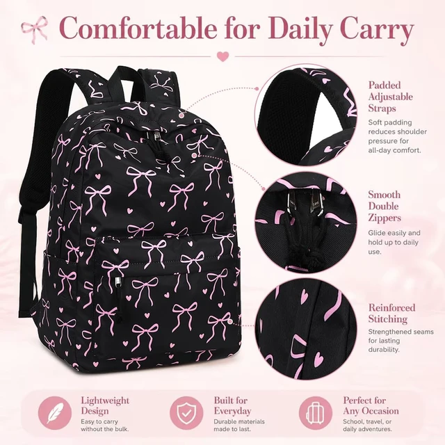 Alt view image 2 of 7 - Backpack for Teen Girls Bookbags School Backpack with Lunch Box and Pencil Case 3 in 1 School Bags Set (Black Bow-Tie)