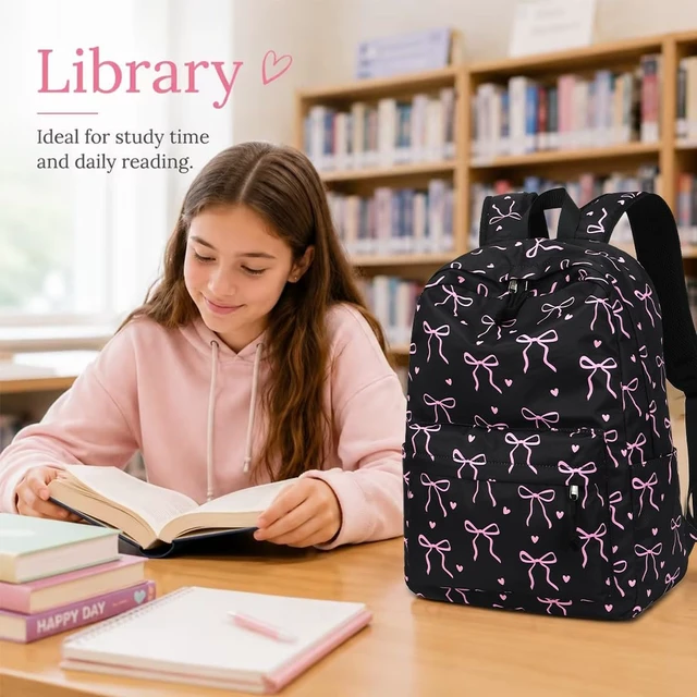 Alt view image 3 of 7 - Backpack for Teen Girls Bookbags School Backpack with Lunch Box and Pencil Case 3 in 1 School Bags Set (Black Bow-Tie)