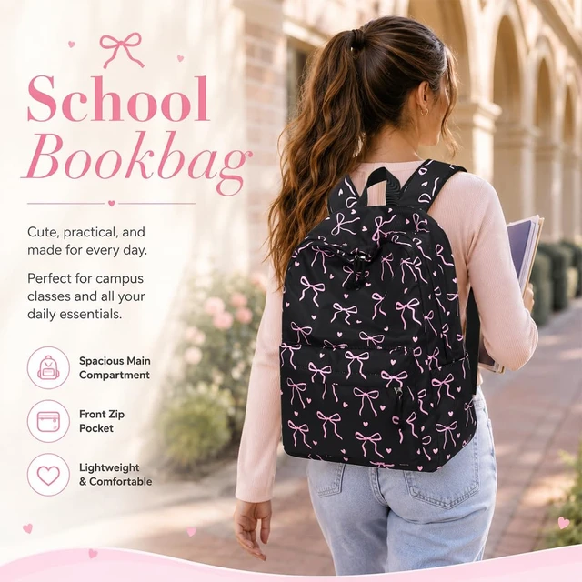 Alt view image 4 of 7 - Backpack for Teen Girls Bookbags School Backpack with Lunch Box and Pencil Case 3 in 1 School Bags Set (Black Bow-Tie)