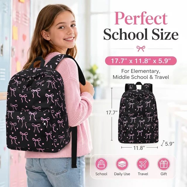 Alt view image 6 of 7 - Backpack for Teen Girls Bookbags School Backpack with Lunch Box and Pencil Case 3 in 1 School Bags Set (Black Bow-Tie)
