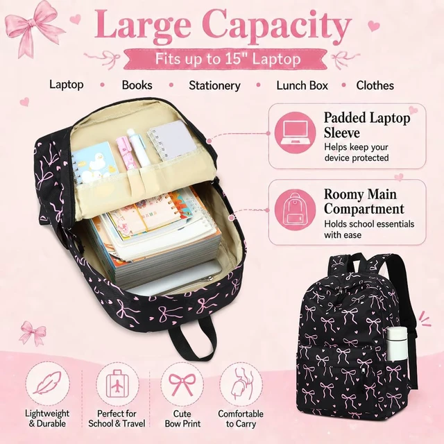 Alt view image 5 of 7 - Backpack for Teen Girls Bookbags School Backpack with Lunch Box and Pencil Case 3 in 1 School Bags Set (Black Bow-Tie)