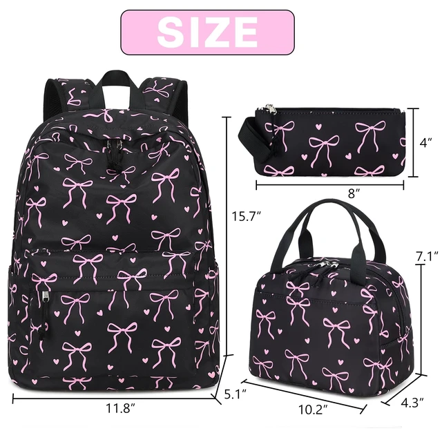 Alt view image 7 of 7 - Backpack for Teen Girls Bookbags School Backpack with Lunch Box and Pencil Case 3 in 1 School Bags Set (Black Bow-Tie)