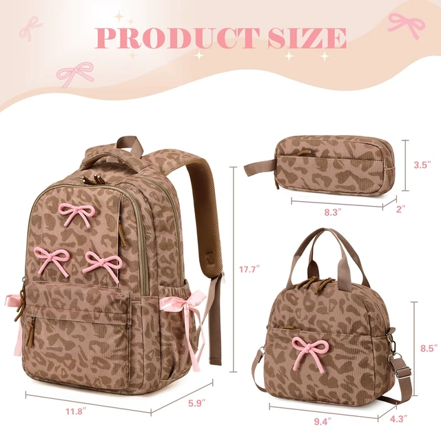 Alt view image 2 of 7 - Backpack for Girls Corduroy 3PCS Bow School Bookbag for Teen Girl | with Lunch Box & Pencil Pouch Lightweight Laptop Backpack for Middle High Elementray School Travel Daypack