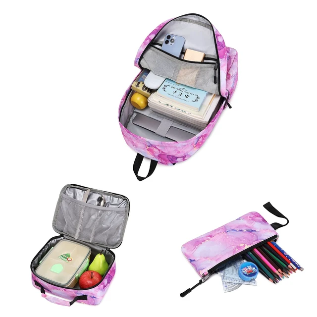 Alt view image 5 of 6 - Backpack for Teen Girls School Gift Bookbag Lunch Box Pencil Bag 3 in 1 Set (Marble powder)