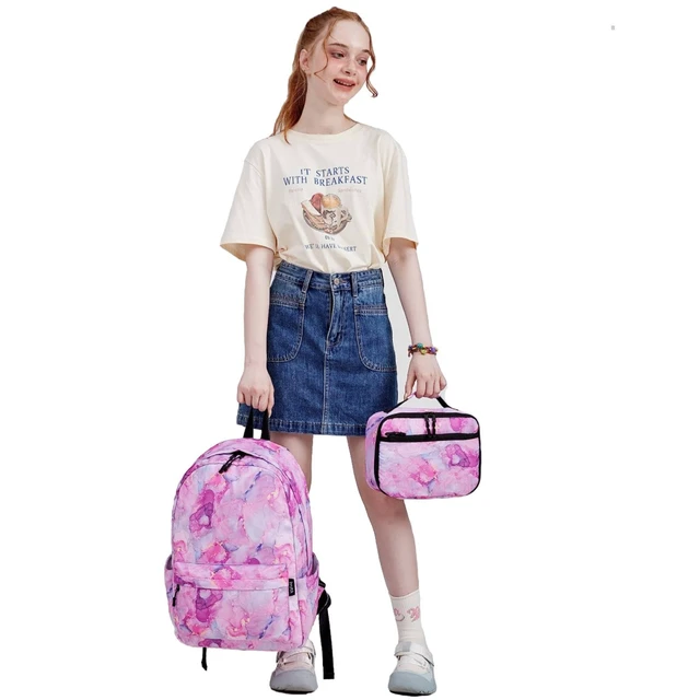 Alt view image 6 of 6 - Backpack for Teen Girls School Gift Bookbag Lunch Box Pencil Bag 3 in 1 Set (Marble powder)