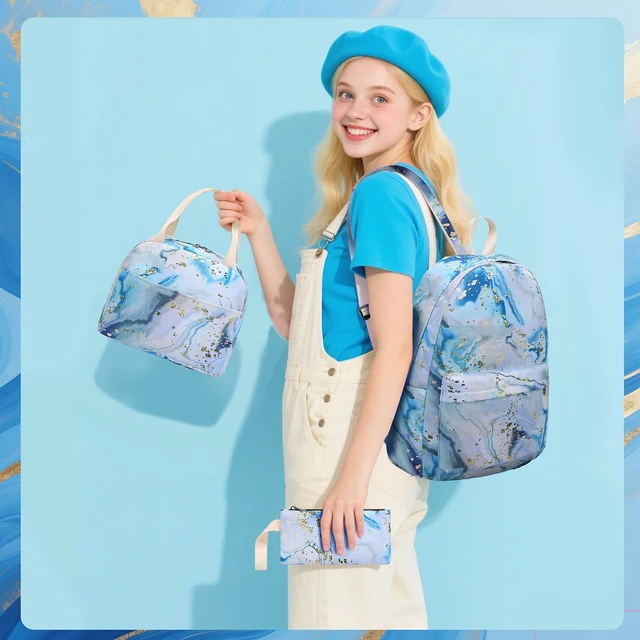 Alt view image 2 of 7 - Teen Girls School Backpack Kids Bookbag Set with Lunch Box Pencil Case Travel Laptop Backpack Casual Daypacks (Blue-white)