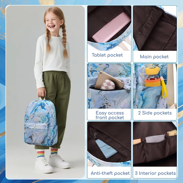 Alt view image 5 of 7 - Teen Girls School Backpack Kids Bookbag Set with Lunch Box Pencil Case Travel Laptop Backpack Casual Daypacks (Blue-white)