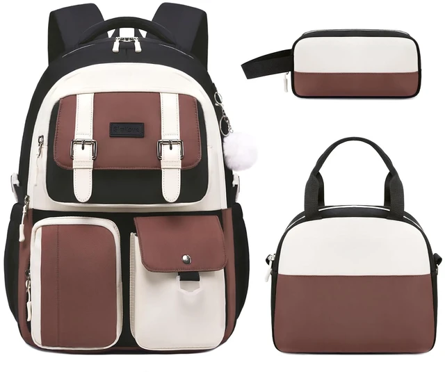 Main image of Backpack for Girls, School Backpacks for Teen Girls with Lunch Box | 3 PCS Kids Backpack with Pencil Case for Elementary Middle High School College Bookbag Schoolbag Travel Daypack, Beige Brown