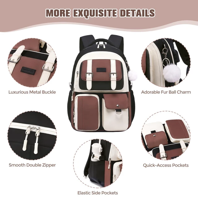 Alt view image 5 of 7 - Backpack for Girls, School Backpacks for Teen Girls with Lunch Box | 3 PCS Kids Backpack with Pencil Case for Elementary Middle High School College Bookbag Schoolbag Travel Daypack, Beige Brown