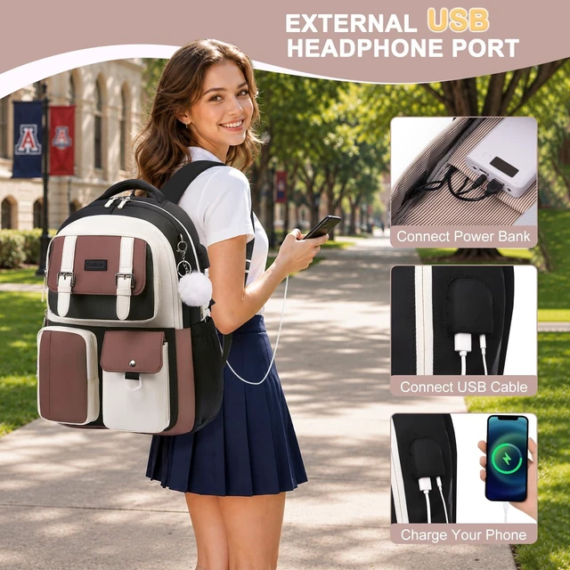 Alt view image 6 of 7 - Backpack for Girls, School Backpacks for Teen Girls with Lunch Box | 3 PCS Kids Backpack with Pencil Case for Elementary Middle High School College Bookbag Schoolbag Travel Daypack, Beige Brown