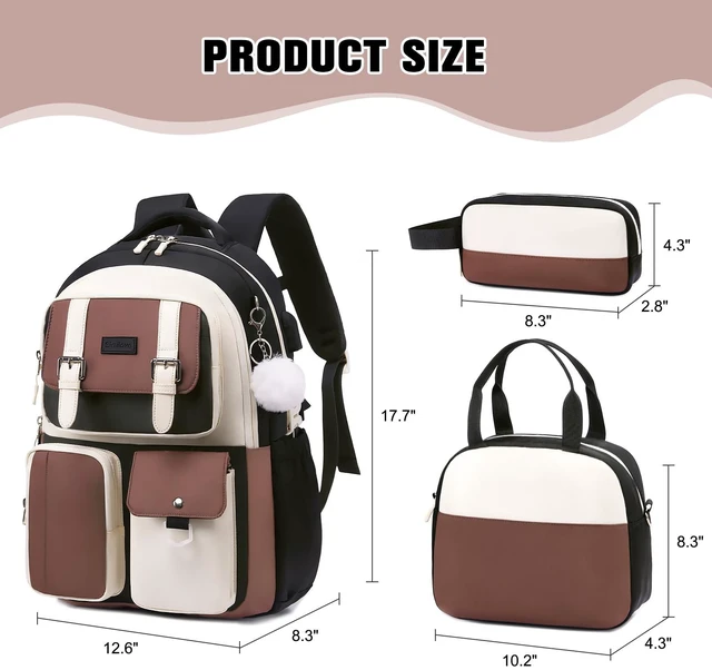 Alt view image 2 of 7 - Backpack for Girls, School Backpacks for Teen Girls with Lunch Box | 3 PCS Kids Backpack with Pencil Case for Elementary Middle High School College Bookbag Schoolbag Travel Daypack, Beige Brown