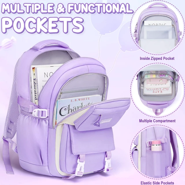 Alt view image 3 of 7 - Waterproof Backpacks for School Girls with Lunch Box & Pencil Case | 3PCS Lightweight Teen Girls Backpack Bookbag, Cute Kids Toddler School Bag for Elementary Middle High School Students Travel