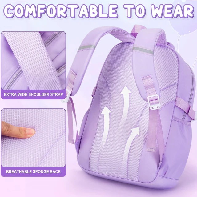 Alt view image 4 of 7 - Waterproof Backpacks for School Girls with Lunch Box & Pencil Case | 3PCS Lightweight Teen Girls Backpack Bookbag, Cute Kids Toddler School Bag for Elementary Middle High School Students Travel