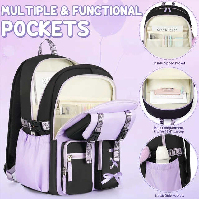 Alt view image 3 of 7 - Backpack for Girls, 3 PCS Waterproof Girls Backpack with Lunch Box | w/ Pencil Case, Kid Backpacks for Teen Girl Kindergarten Elementary Middle High School Student Back to School Kid Bookbag Set
