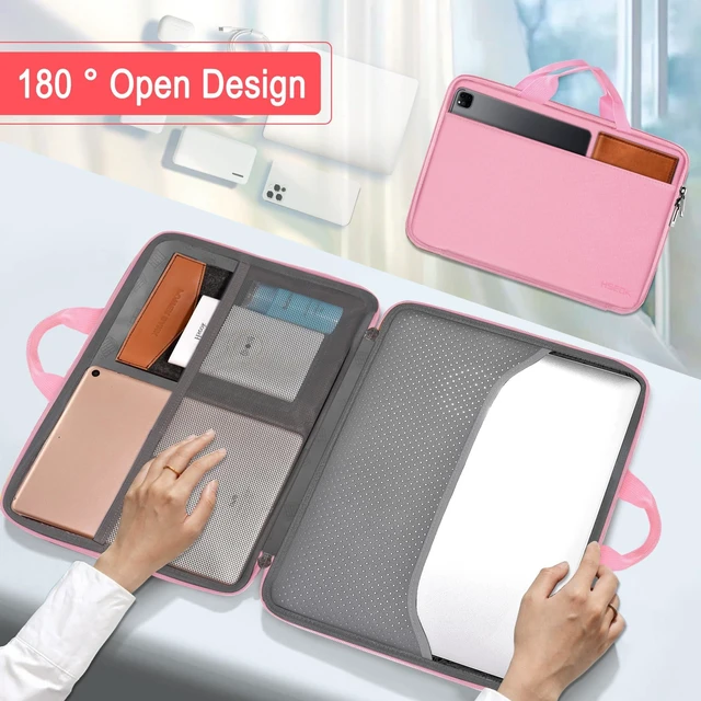 Alt view image 4 of 6 - Laptop Case 13-13.3 inch Sleeve TSA Computer Handbag,Pink | Compatible with MacBook Air/Pro 13/14, XPS 13/14 HP Dell ASUS Lenovo, Polyester Briefcase with Handle & Accessory Pockets