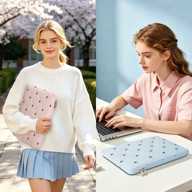 Alt view image 3 of 7 - 14 Inch Lightweight Bow Puffy Laptop Sleeve Case Laptop Bag for Girl | Protective Shockproof Women Cute Cover Compatible with MacBook Air 13.6" / Pro 13" M4 M3 M2 M1 & Slim 14 Inch Chromebook