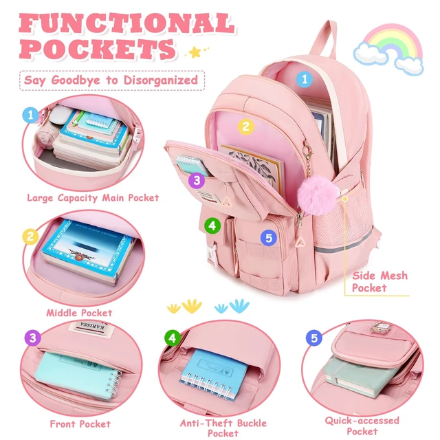 Alt view image 4 of 7 - Kawaii Girls Backpack for School, Cute Teenage Multiple Pockets Backpack, Fashion Bookbag for Primary Elementary High School, Pink