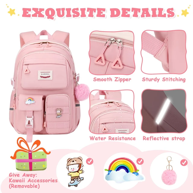 Alt view image 7 of 7 - Kawaii Girls Backpack for School, Cute Teenage Multiple Pockets Backpack, Fashion Bookbag for Primary Elementary High School, Pink
