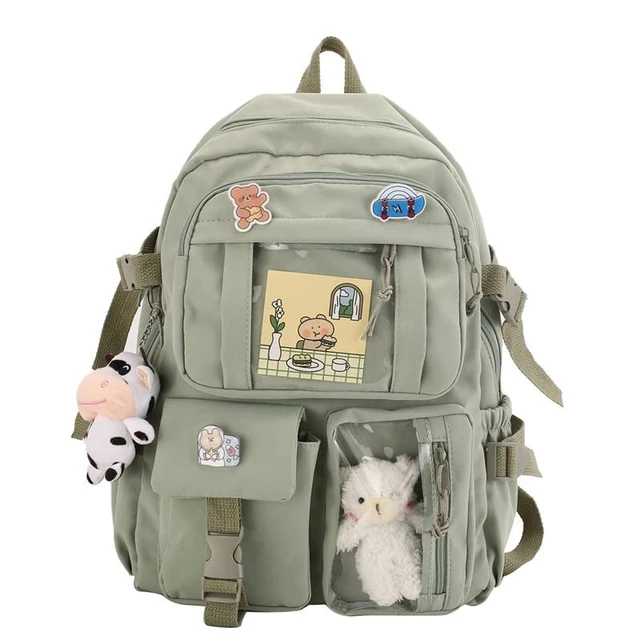 Alt view image 4 of 7 - Cute Aesthetic Kawaii Backpack for Teen Girls School, Green-2 | Super-Capacity Waterproof Bookbag with Pin Accessories Plush Pendant, Fit Middle and High School Students for School & Travel