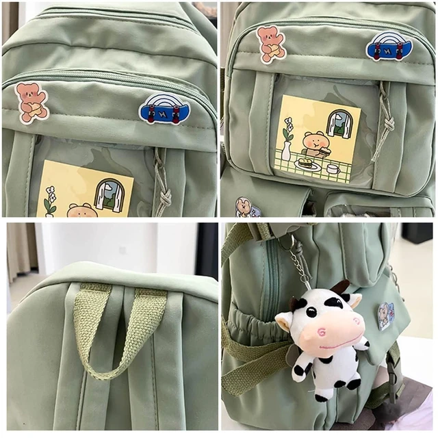 Alt view image 6 of 7 - Cute Aesthetic Kawaii Backpack for Teen Girls School, Green-2 | Super-Capacity Waterproof Bookbag with Pin Accessories Plush Pendant, Fit Middle and High School Students for School & Travel