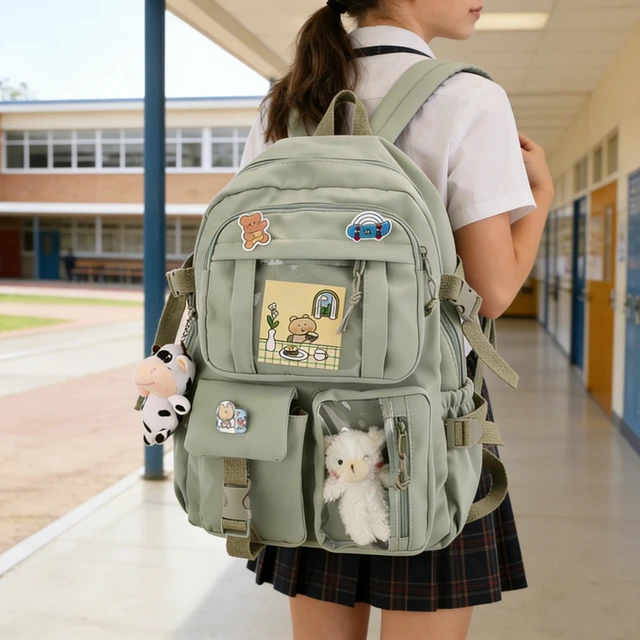 Alt view image 2 of 7 - Cute Aesthetic Kawaii Backpack for Teen Girls School, Green-2 | Super-Capacity Waterproof Bookbag with Pin Accessories Plush Pendant, Fit Middle and High School Students for School & Travel