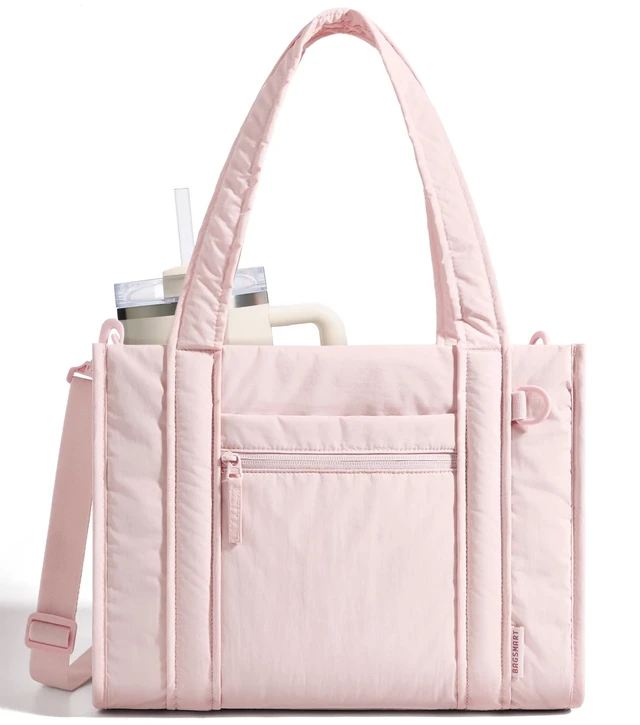 Main image of Boxy Tote Bag for Women, Crossbody Bag with Zipper, Crush Bow Purses for Travel Work College, Pink, Small