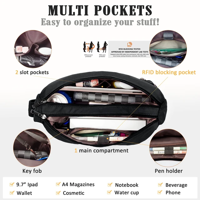 Alt view image 7 of 7 - Crossbody Bag for Women Waterproof Messenger Shoulder Bag Casual Nylon Purse Handbag Multi Pocket Lightweight Travel Bag