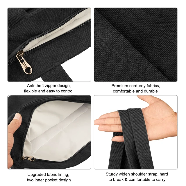 Alt view image 6 of 7 - Corduroy Tote Bag with Zip, Shoulder Bag Women's Hobos Handbags Large Capacity Shopping Bag with Inner Pocket, Black