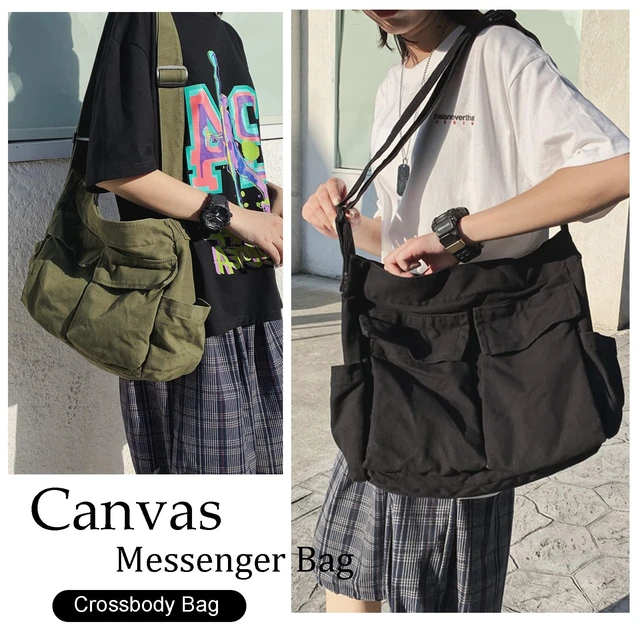 Alt view image 2 of 7 - Canvas Messenger Bag Large Hobo Bag Crossbody Shoulder Bag Tote Bag with Pocket for Women and Men (Black)